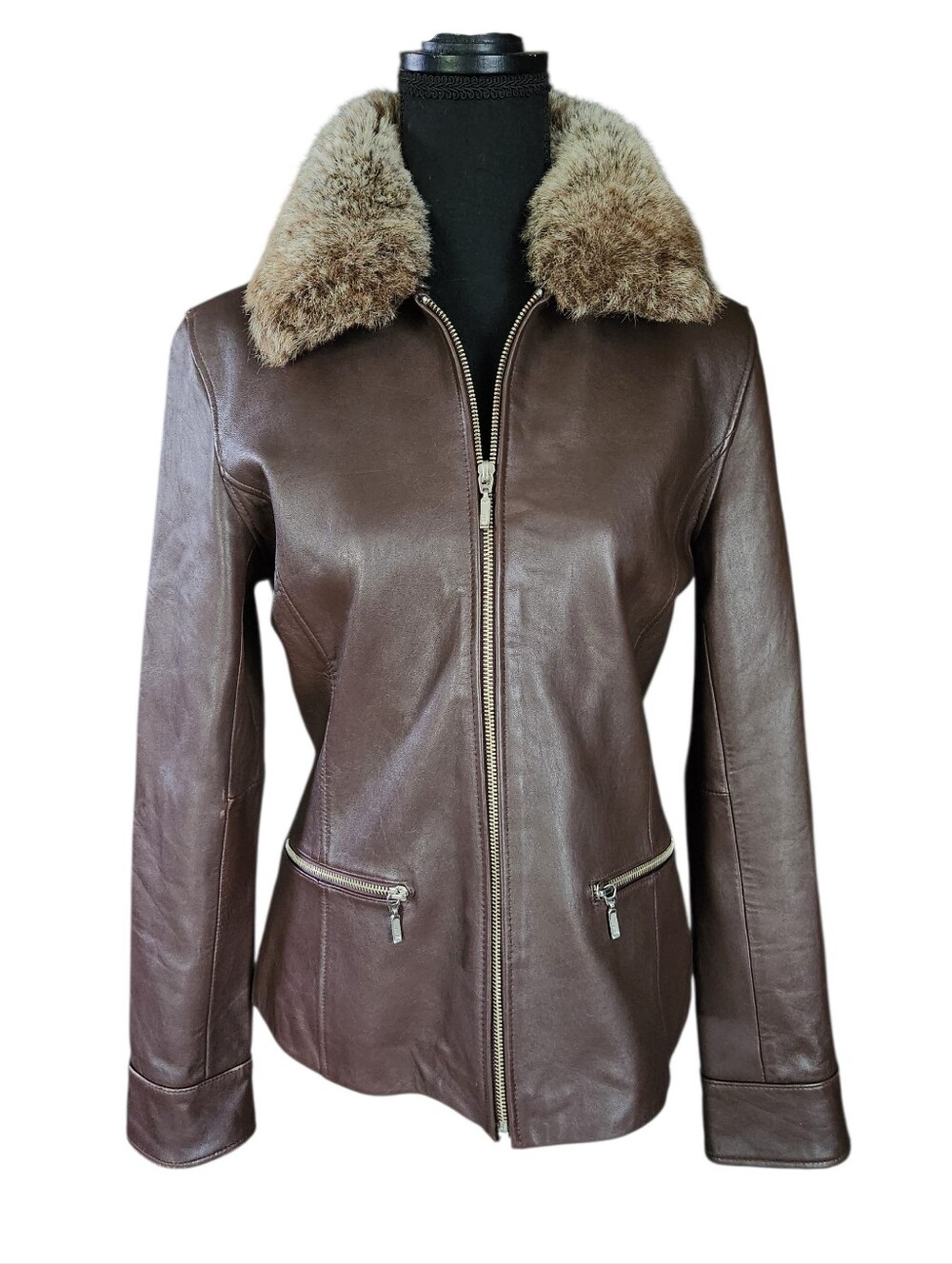 Y2K Mossimo Chocolate Brown Leather Faux Fur Jacket Sz S